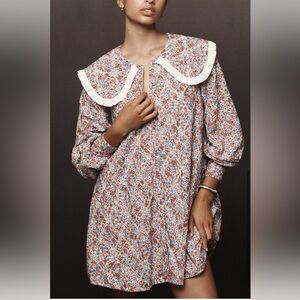 Anthropologie Multicolor Long Sleeved Collared Floral Mini Dress